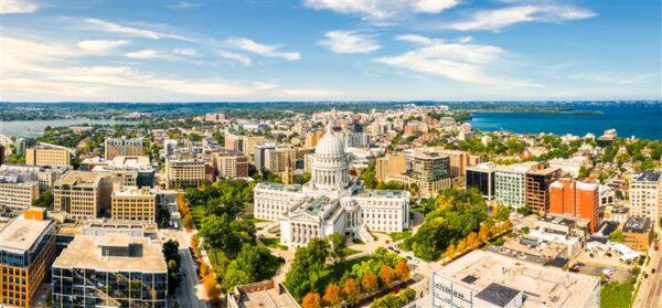 Panorama of the Wisconsin State Capitol and Madison skyline.