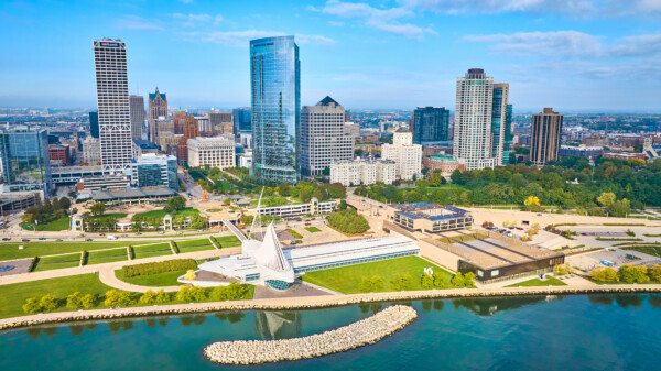 Aerial Milwaukee Skyline with Quadracci Pavilion and Lakefront