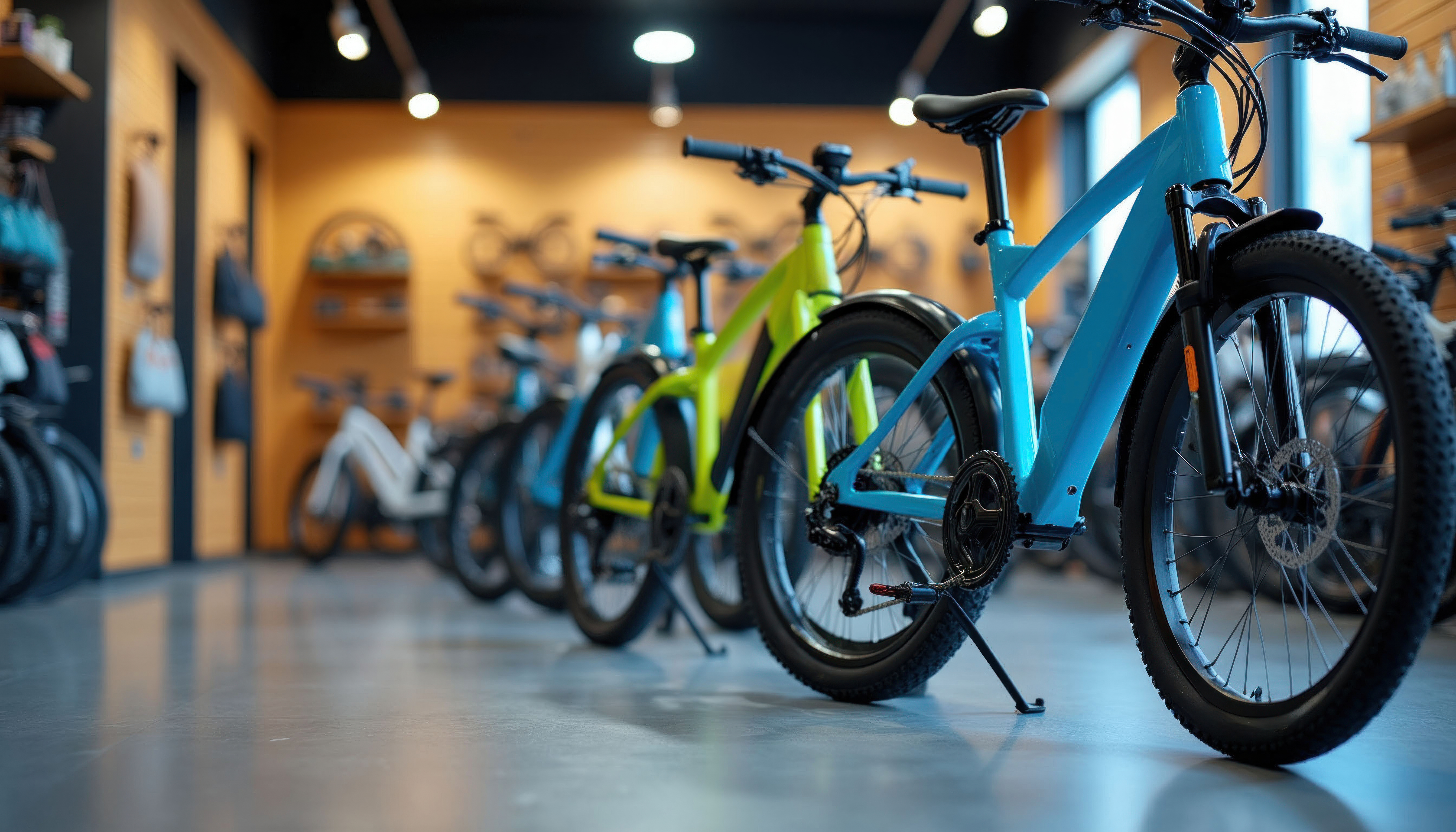 Row of colorful electric bicycles for sale in modern shop. Various e-bikes on display, clean showroom interior with bike accessories on wall. New generation urban personal transport.