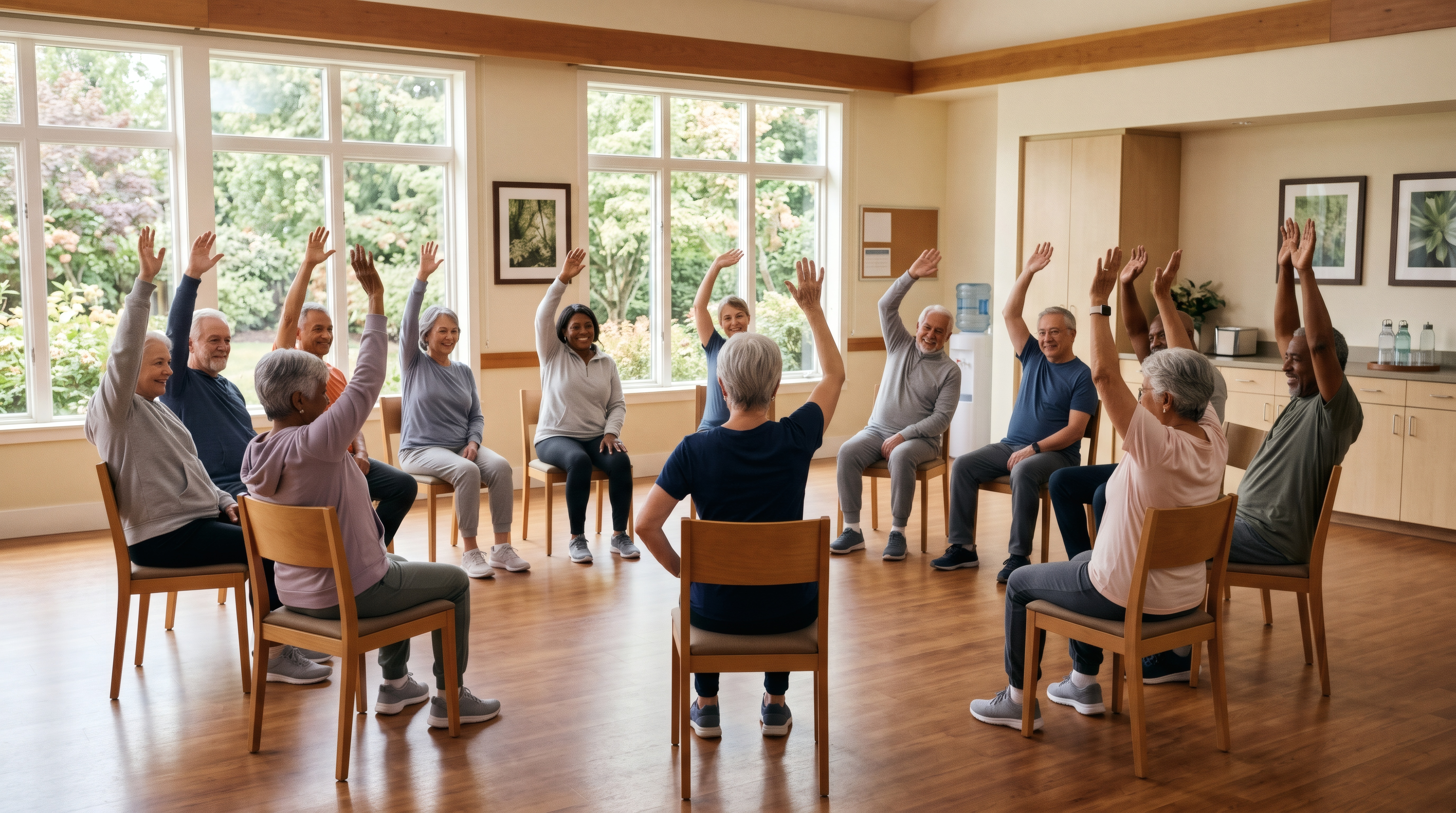A diverse group of happy senior adults participates in a chair exercise class, raising their arms in a bright, spacious room with large windows.